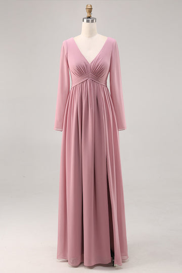 Simple Dusty Rose V-Neck Long Sleeves Bridesmaid Dress with Slit